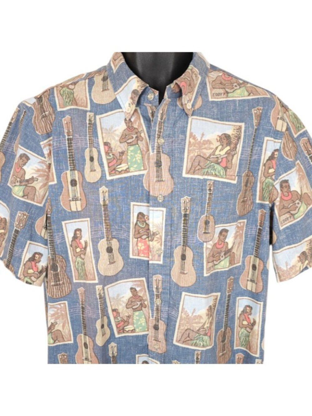 Reyn Spooner Hawaiian Shirt Mens Size Large Blue Eddy Y Art Limited Issue Camp